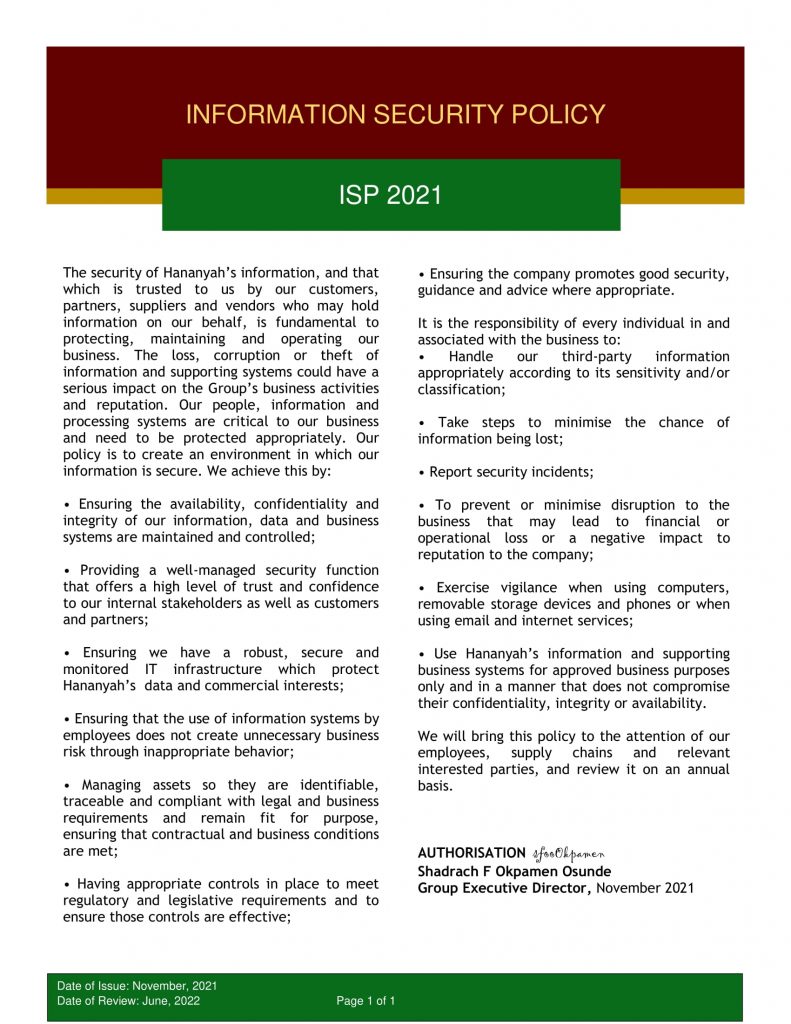 Hananyah Information Security Policy 2022